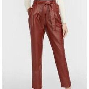 Express Pants Red Faux Leather Straight Leg High Rise Trousers Medium Belted